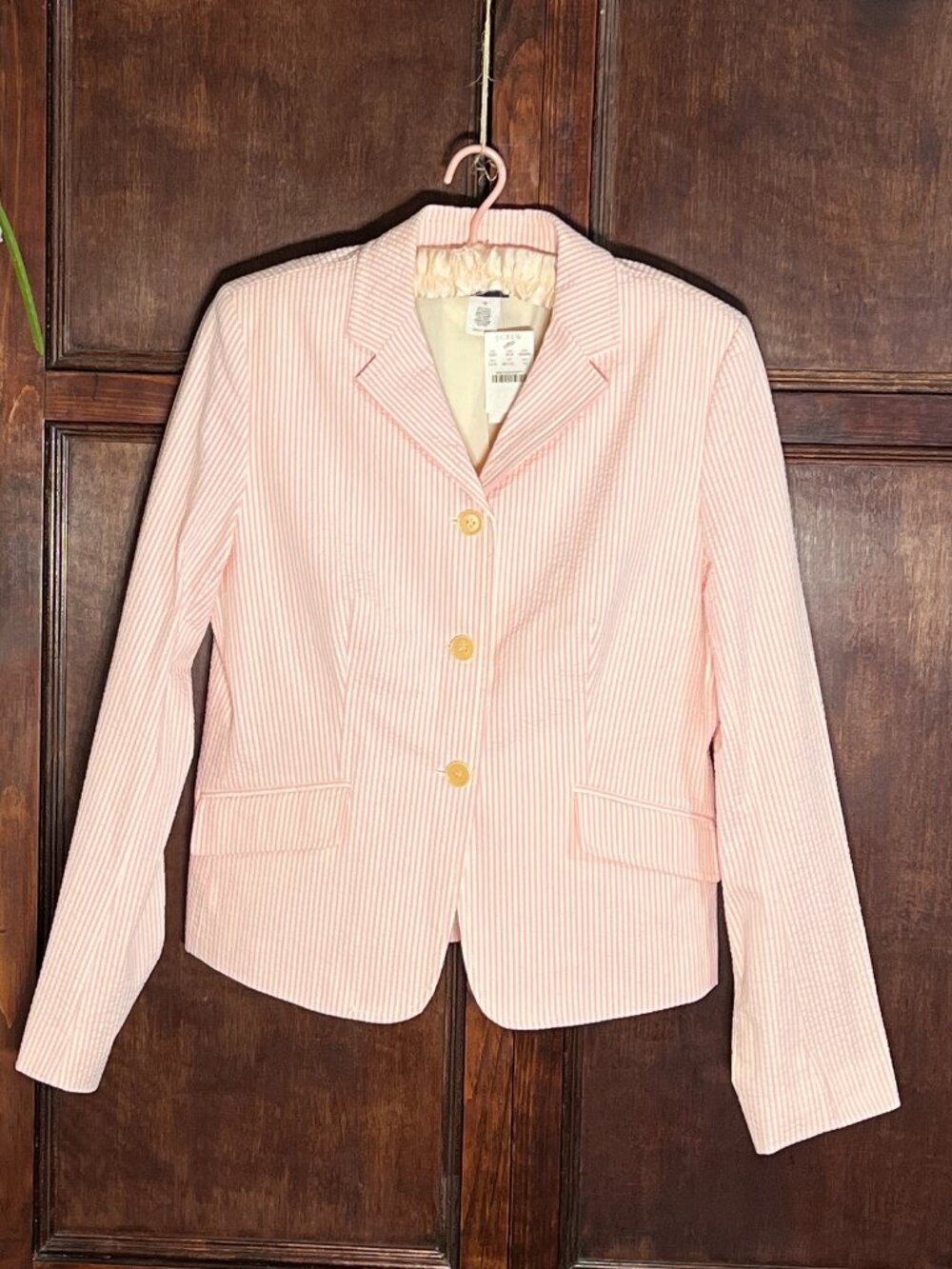 J CREW (VTG?) 100% COTTON SEERSUCKER BLAZER BUBBLE GUM PINK AND IVORY